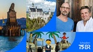 Lindauer Löwe, Schloss Neuschwanstein, Kluftinger-Autoren Volker Klüpfel und Michael Kobr, Augsburger Puppenkiste: Das Key Visual für die regionale Jubiläumswoche BR75 in Schwaben vom 9. bis 15. September 2024 | Bild: BR