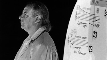 Karlheinz Stockhausen vor überdimensioniertem Notenblatt | Bild: BR / Stockhausenstiftung