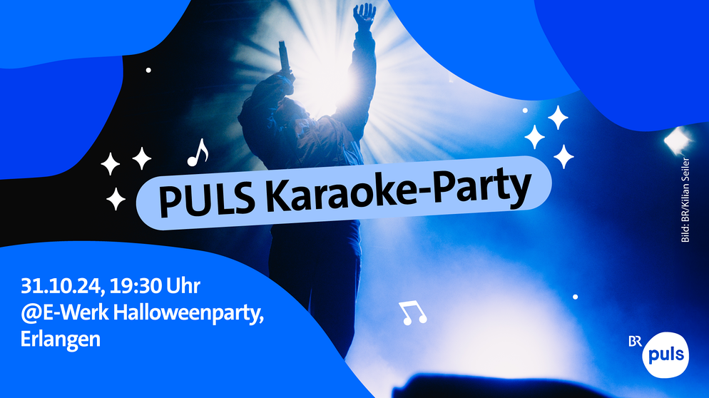 Titelbild der PULS Karaoke-Party. Ein Sänger steht im Scheinwerferlicht mit nach oben gestreckter Hand. Umrandet wird er von Designelementen, sogenannten Wobble. | Bild: BR