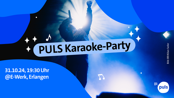 Titelbild der PULS Karaoke-Party. Ein Sänger steht im Scheinwerferlicht mit nach oben gestreckter Hand. Umrandet wird er von Designelementen, sogenannten Wobble. | Bild: BR