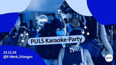 Titelbild der PULS Karaoke-Party. Ein Sänger steht im Scheinwerferlicht mit nach oben gestreckter Hand. Umrandet wird er von Designelementen, sogenannten Wobble. | Bild: BR