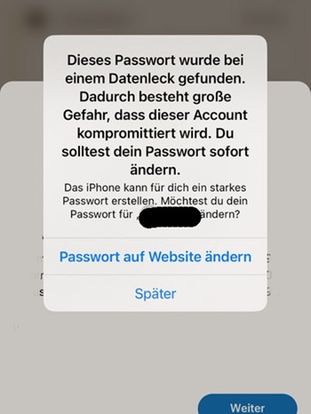 Screenshot einer Warnung im Safari Browser zu einem kompromittierten Passwort | Bild: BR