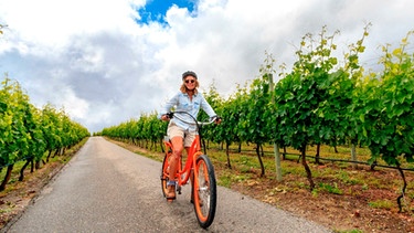 Frau fährt auf einem Fahrrad an einem Weinberg entlang | Bild: mauritius images / Yvette Cardozo / Alamy / Alamy Stock Photos