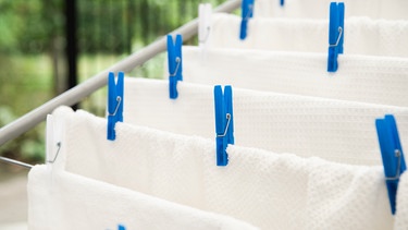 Weiße Wäsche mit blauen Wäscheklammern. | Bild: mauritius images / Oleksandr Latkun / imageBROKER