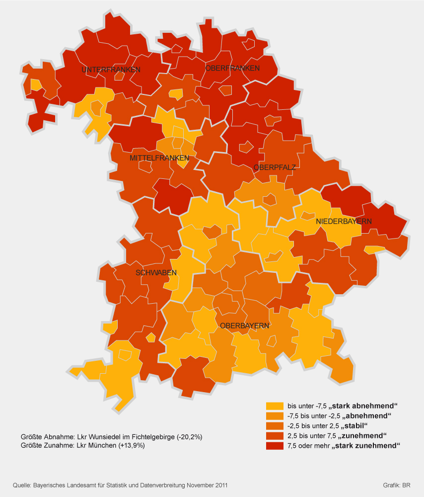 Infografik: Karte Bevölkerungsentwicklung Bayern 2011 bis 2030 | Bild: BR