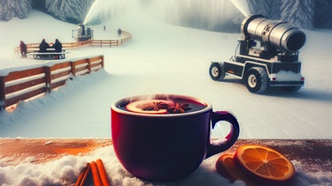 Glühwein, Schneekanone und Skifahrer | Bild: BR / Bild: KI-generiert mit Aiditor