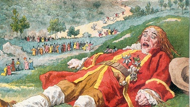 Eine Illustration von Gulliver, der gefesselt auf dem Boden liegt. | Bild: picture-alliance / akg-images | akg-images