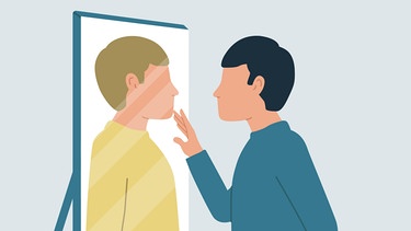 Illustration einer Person, die sich im Spiegel betrachtet und dort eine andere Person als sich selbst sieht. | Bild: picture alliance / Zoonar | Vladyslav Severyn