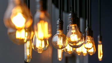 Viele Glühbirnen die nebeneinander hängen. | Bild: stock.adobe.com/Vladimir Gerasimov