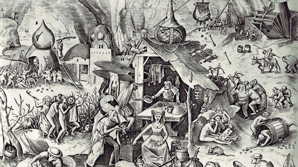 Der Kupferstich zur "Lasterfolge", auch bekannt als Zyklus der sieben Todsünden, von Pieter Brueghel dem Älteren zeigt den Geiz | Bild: picture-alliance/dpa