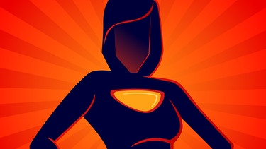Illustration einer Superheldin mit in die Hüfte gestemmten Händen vor orangenem Hintergrund. | Bild: Colourbox.com/ Yusak_p