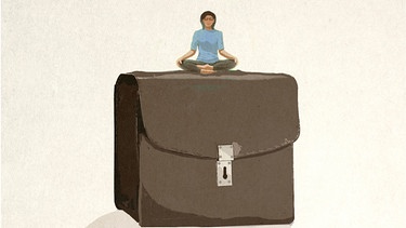 Illustration einer Person, die auf einer Aktentasche sitzt und meditiert. | Bild: picture alliance / Westend61 | Gary Waters