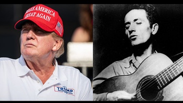 Collage mit Donald Trump mit MAGA-Hut links und Woody Guthrie mit Gitarre rechts | Bild: BR/Collage