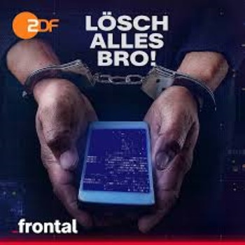 Das Podcast-Cover von "Lösch alles, Bro!" zeigt zwei Hände in Handschellen, die ein Handy halten, auf desssen Screen "Sky" steht | Bild: ZDF