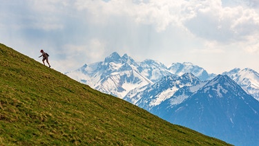 Ein einsamer Wanderer läuft in den Allgäuer Alpen den Berg rauf. | Bild: stock.adobe.com/Dozey