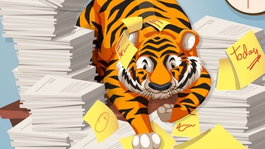 Illustration "Tiger im Papierchaos" | Bild: colourbox.com; Montage: BR/Renate Windmeißer