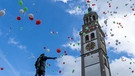 Der Perlachturm in der Augsburger Altstadt während des Turamichele (Turm-Michel) Festes. | Bild: stock.adobe.com/Melanie