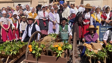 Orangenbauern präsentieren in Tracht ihre Ernte  | Bild: BR