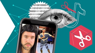 Collage: Handy mit Auge, Netzstruktur und TikTok-Logo | Bild: colourbox.com; Montage: BR