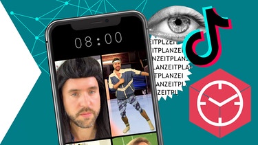 Collage: Handy mit Auge, Netzstruktur und TikTok-Logo | Bild: colourbox.com; Montage: BR