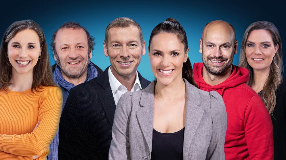 Hosts der BR-Sportredaktion (v.l.): Sina Wende, Schmidt Max, Markus Othmer, Esther Sedlaczek, André Siems, Julia Scharf | Bild: BR/Ralf Wilschewski/Markus Konvalin