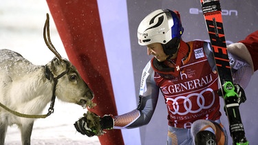 Skirennläufer Henrik Kristoffersen, der letzte Levi-Gewinner 2019, mit Rentier | Bild: picture-alliance/dpa