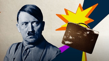 Logo des neuer Podcasts von radioWissen | Bild: BR/Nadja Dall Armi // Hitler Porträt: picture alliance / SZ Photo | Scherl // Aktentasche: National Archives NextGen Catalog 