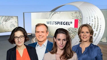 Collage Weltspiegel Logo und das Team der Moderation | Bild: ARD