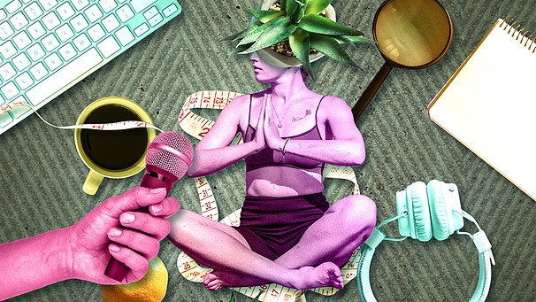 Grafische Collage: Yogini mit Pflanze auf dem Kopf, Maßbänder, Kopfhörer, Hand mit Mikro | Bild: colourbox.com; Montage: BR/Multimedia-Design