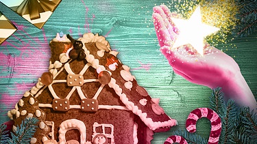 Grafik-Collage Lebkuchenhaus mit Zuckerstangen, Geschenke und einer Hand, die einen Stern auf der Handfläche trägt | Bild: colourbox.com; Montage: BR/Lucie Piller und Andreas Dirscherl