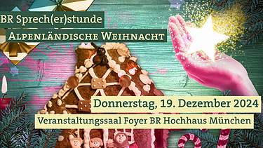 Grafik-Collage Lebkuchenhaus mit Zuckerstangen, Geschenke und einer Hand, die einen Stern auf der Handfläche trägt. Dazu Texte zu Thema, Ort und Zeit. | Bild: colourbox.com; Montage: BR/Lucie Piller und Andreas Dirscherl