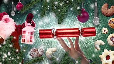 Grafik-Collage Knallbonbon, das von einer aufgespreizten Hand getragen wird, Plätzchen und Weihnachtsmann mit Laterne | Bild: colourbox.com; Montage: BR/Lucie Piller