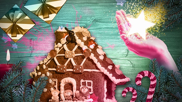 Grafik-Collage Lebkuchenhaus mit Zuckerstangen, Geschenke und einer Hand, die einen Stern auf der Handfläche trägt | Bild: colourbox.com; Montage: BR/Lucie Piller und Andreas Dirscherl