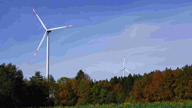 Zwei Windräder stehen in einer bewaldeten Landschaft. | Bild: BR/Bernd Nitsche